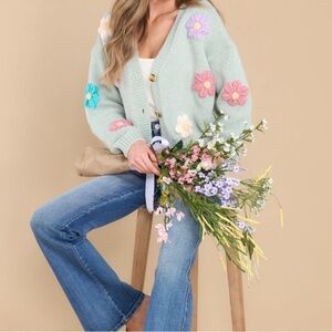 Luna Ivy Flower Sweater Size L Mint Chunky Knit‎ Open Cardigan Cottagecore New